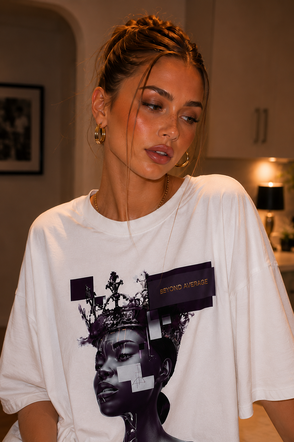 woman close up wearing oversized white graphic t shirt beyond average cyber queen artwork graphic streetwear