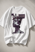 oversized white graphic t shirt hanging display beyond average cyber queen artwork graphic streetwear