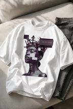 oversized white graphic t shirt flat lay with denim jeans beyond average futuristic queen design streetwear fashion
