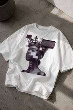 oversized white graphic t shirt angled flat lay cyber queen portrait artwork urban streetwear outfit