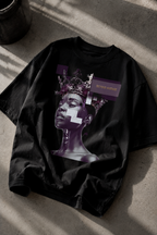 oversized black graphic t shirt angled flat lay with futuristic queen portrait design urban streetwear outfit