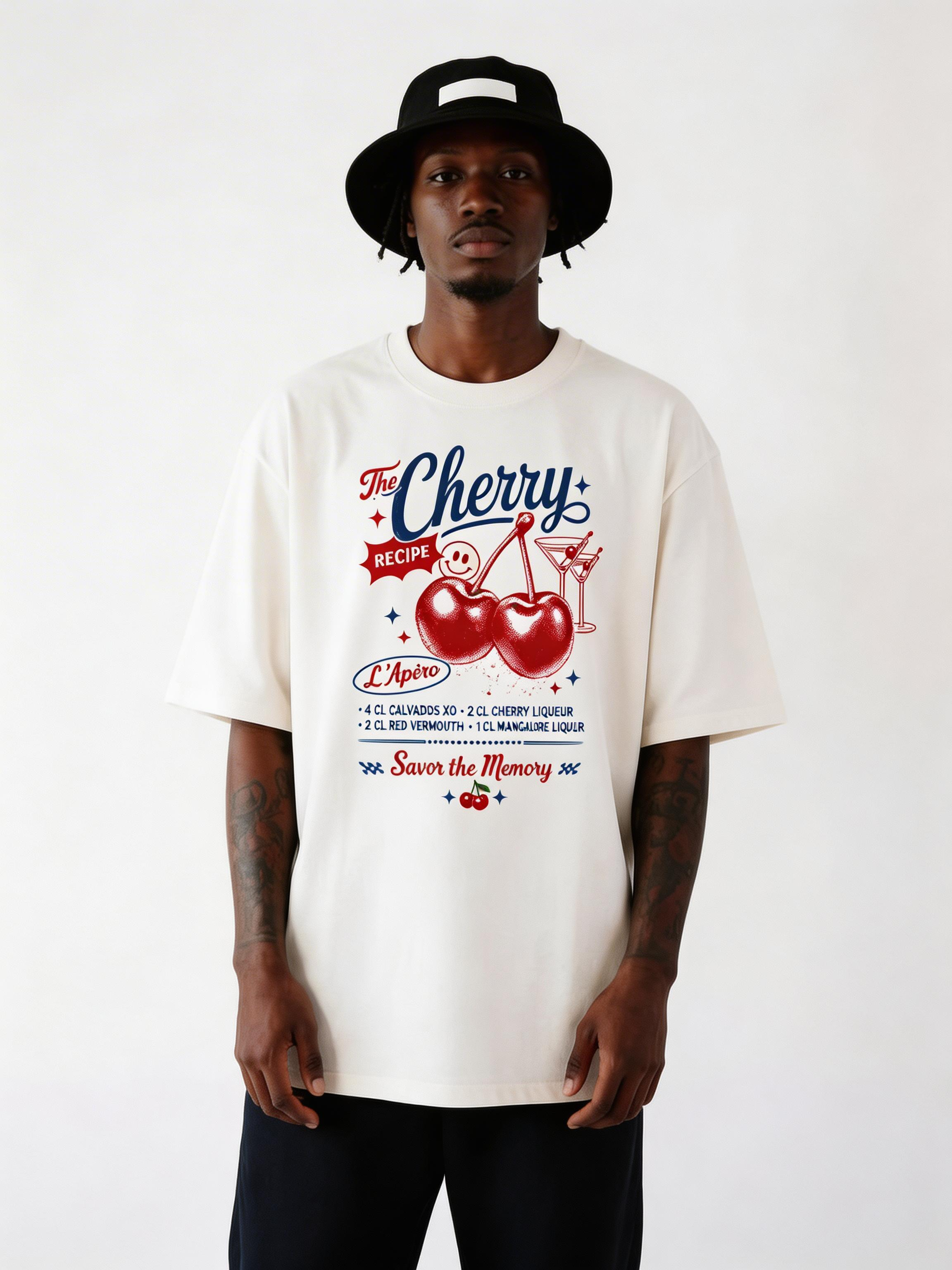 male model front view wearing oversized white cherry recipe graphic streetwear t shirt minimalist streetwear outfit