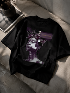 oversized black graphic t shirt hanging style flat lay featuring futuristic queen artwork graphic streetwear fashion