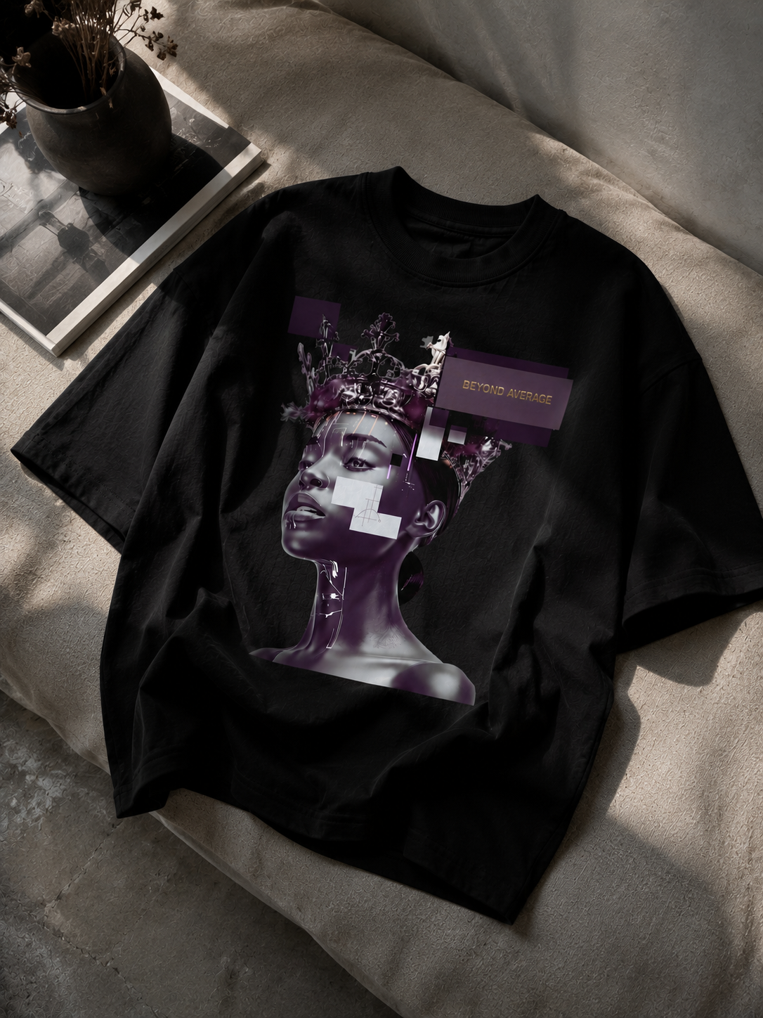 oversized black graphic t shirt hanging style flat lay featuring futuristic queen artwork graphic streetwear fashion