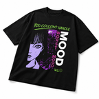 black oversized graphic t shirt angled front view anime mood artwork urban streetwear fashion
