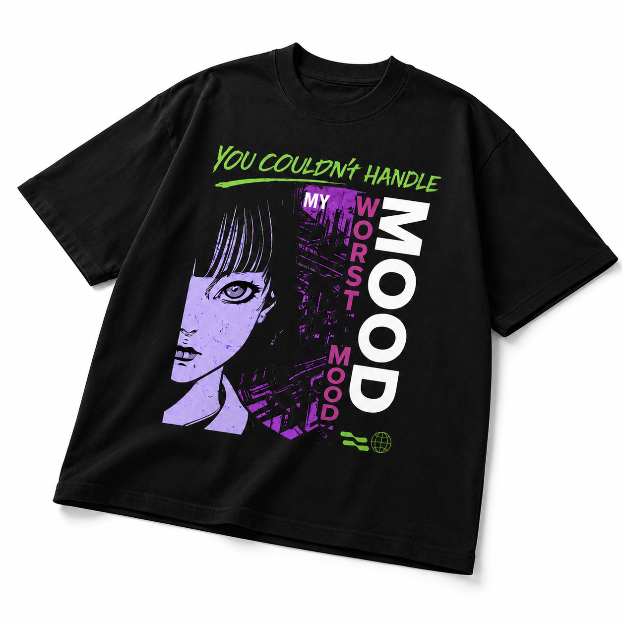 black oversized graphic t shirt angled front view anime mood artwork urban streetwear fashion
