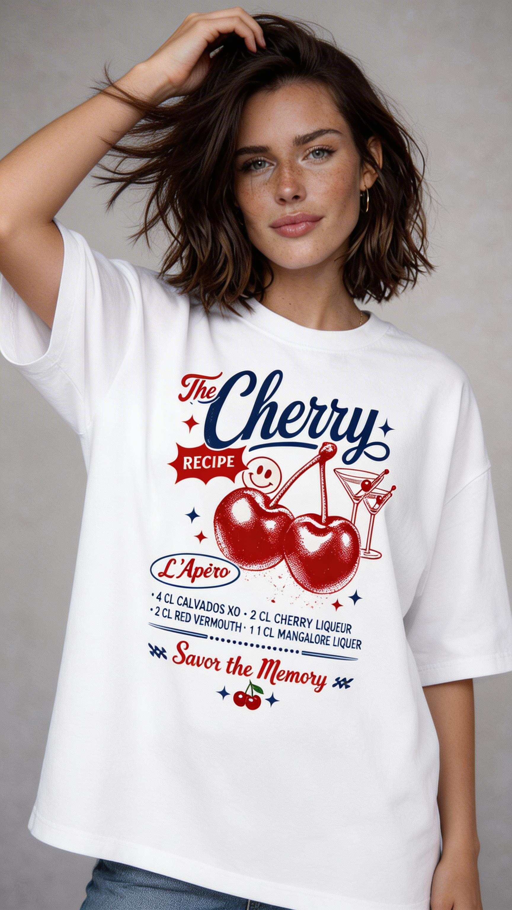 female model wearing oversized white cherry recipe graphic streetwear t shirt retro cherry illustration streetwear design