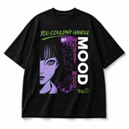 black oversized graphic t shirt flat lay front view purple anime graphic design graphic streetwear