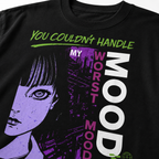 close up black oversized graphic t shirt anime mood artwork print detail streetwear fashion