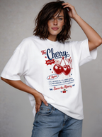 female model wearing oversized white cherry recipe graphic streetwear t shirt retro fruit graphic urban streetwear outfit