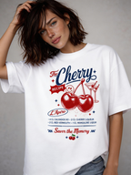 female model wearing oversized white cherry recipe graphic streetwear t shirt retro cherry illustration streetwear design