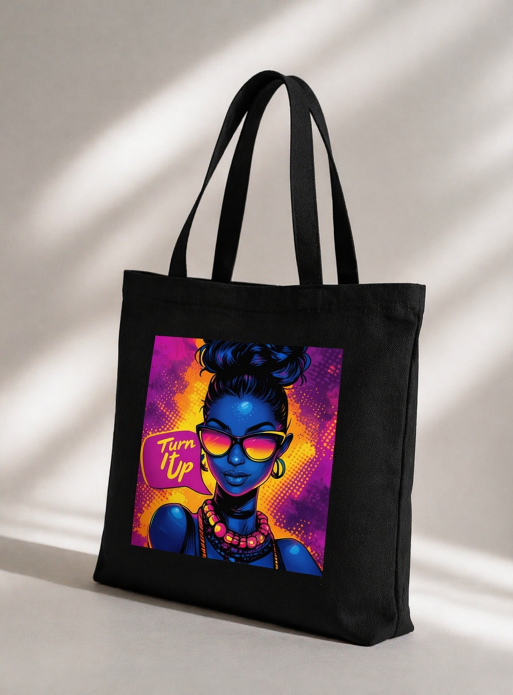 product front angled view black tote bag neon pop art woman turn it up design graphic streetwear