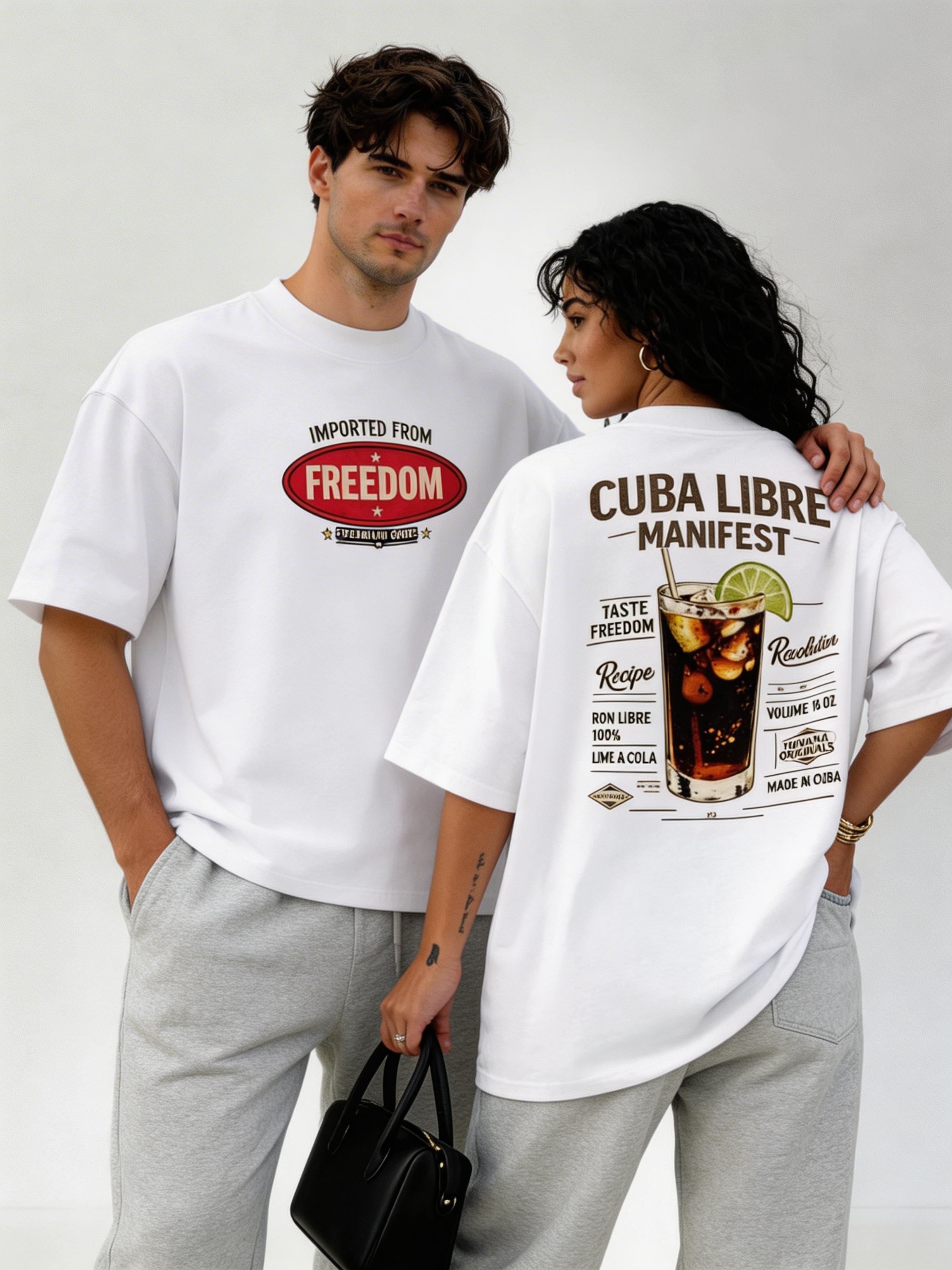 male model front view and female model back view wearing oversized white cuba libre manifest graphic streetwear t shirt cocktail design urban streetwear outfit
