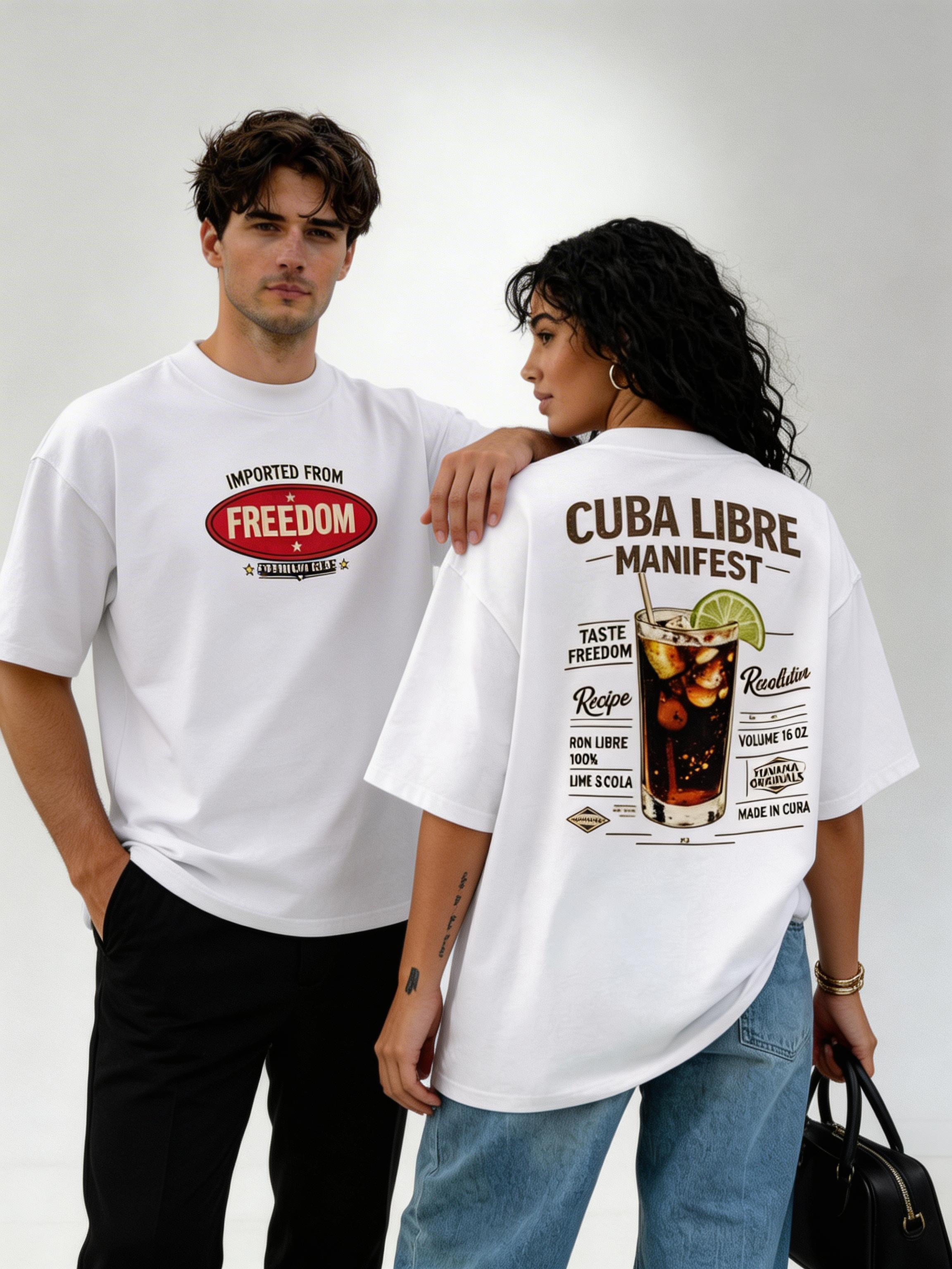 male model front view and female model back view wearing oversized white cuba libre manifest graphic streetwear t shirt cocktail recipe design