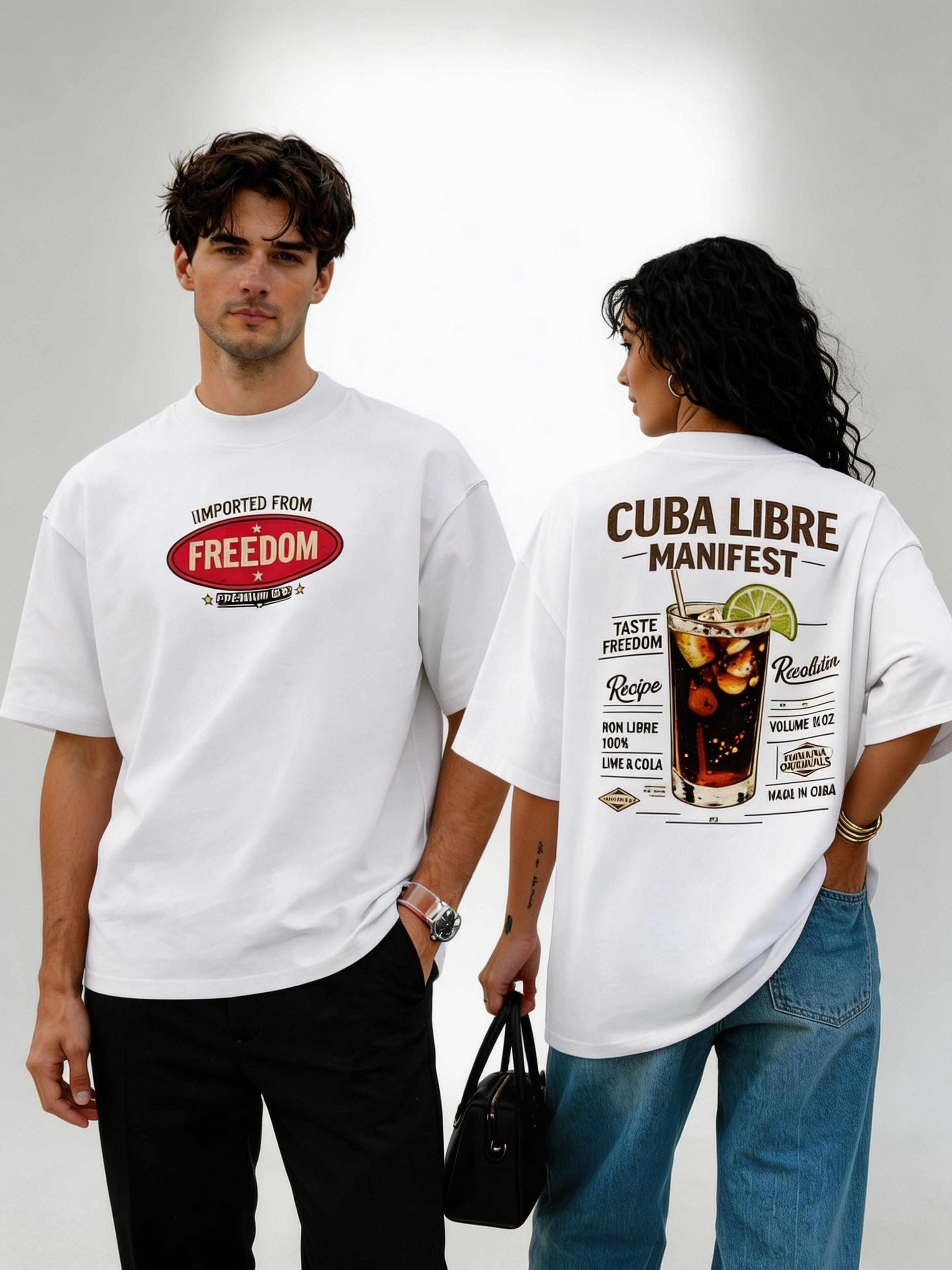 male and female models wearing oversized white cuba libre manifest graphic streetwear t shirt cocktail artwork urban streetwear outfit full body