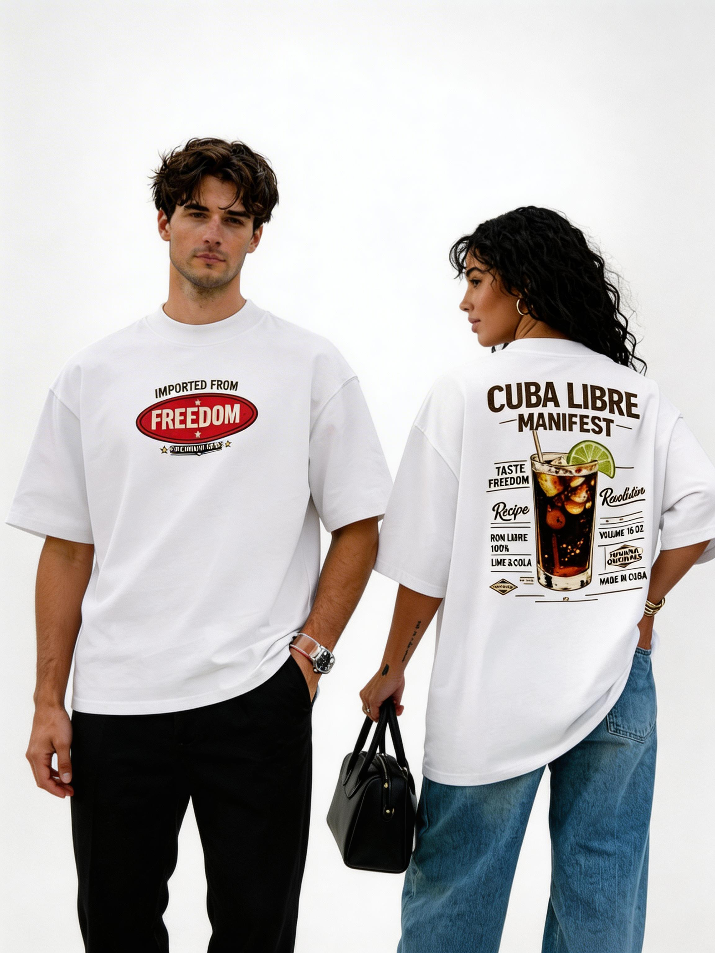 male and female models wearing oversized white cuba libre manifest graphic streetwear t shirt cocktail drink illustration streetwear outfit
