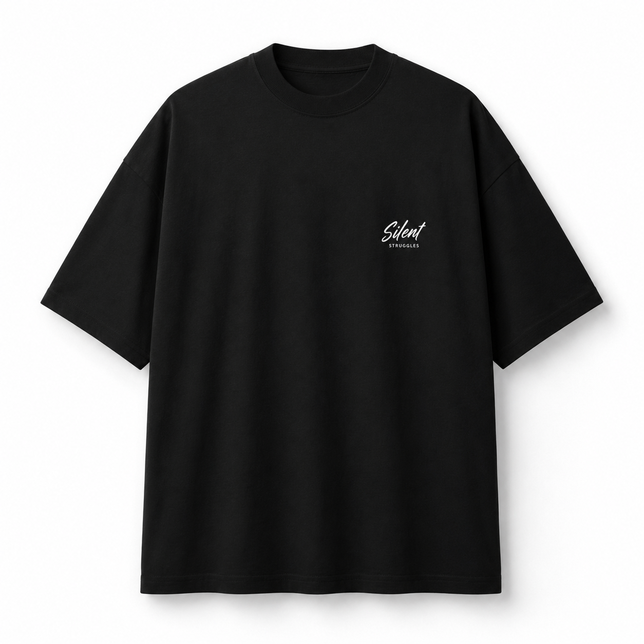 black oversized graphic streetwear t shirt featuring small Silent Struggles chest graphic relaxed urban fashion