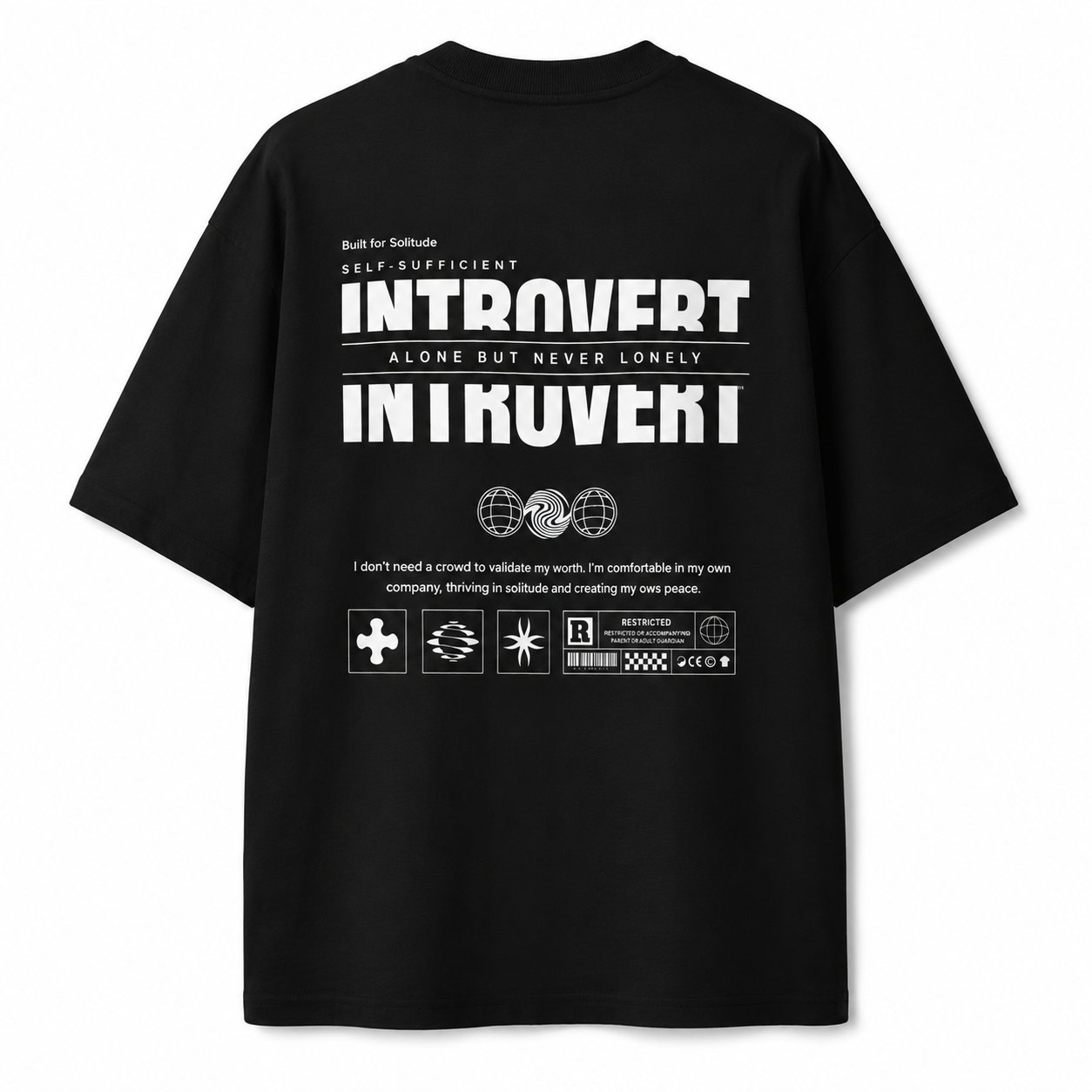 oversized black graphic t shirt with large Introvert statement back print self sufficient typography urban streetwear