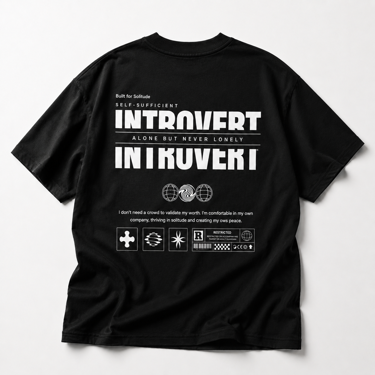 black oversized streetwear t shirt featuring bold Introvert graphic back design relaxed fit graphic streetwear fashion