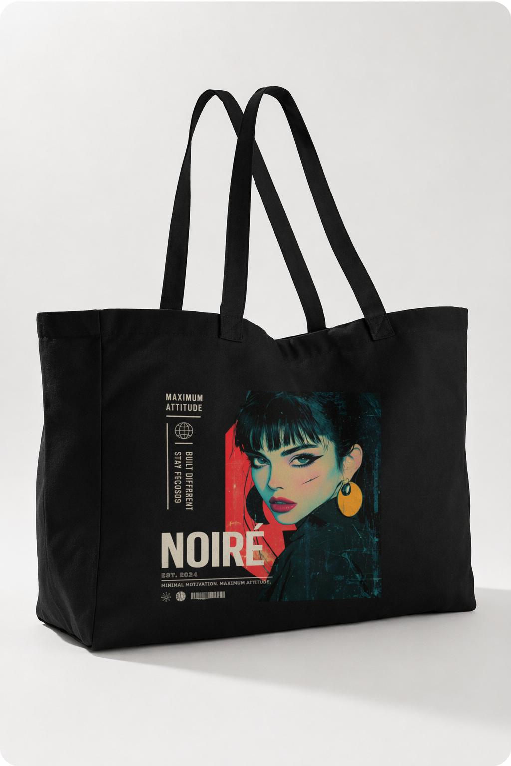 product angled view black tote bag anime noiré design graphic streetwear