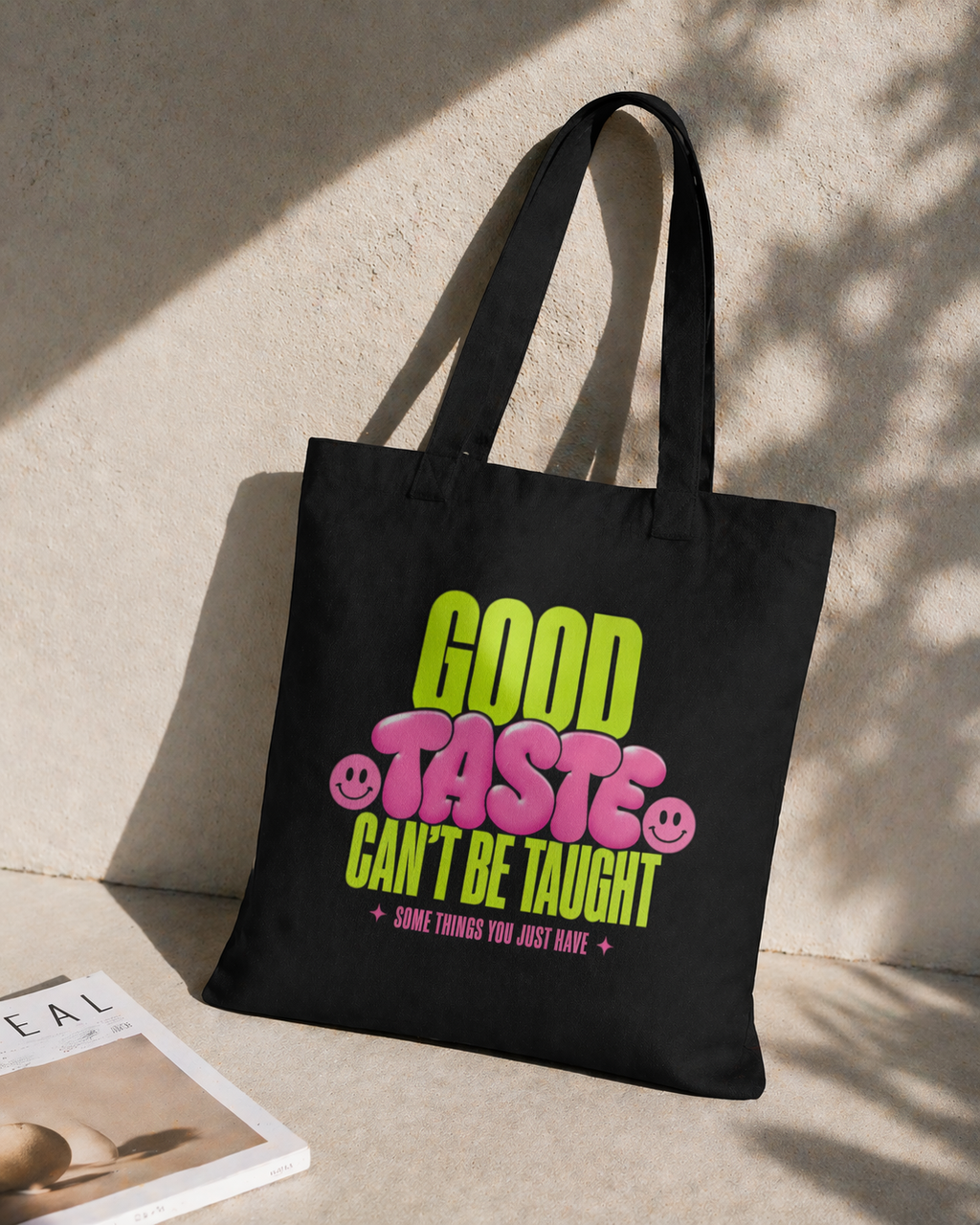 product lifestyle angled view black tote bag good taste attitude design streetwear fashion