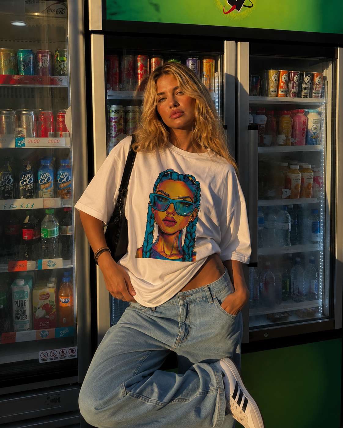 Woman posing with hand in pocket wearing oversized white graphic t-shirt featuring colorful braided girl print, relaxed fit urban streetwear look