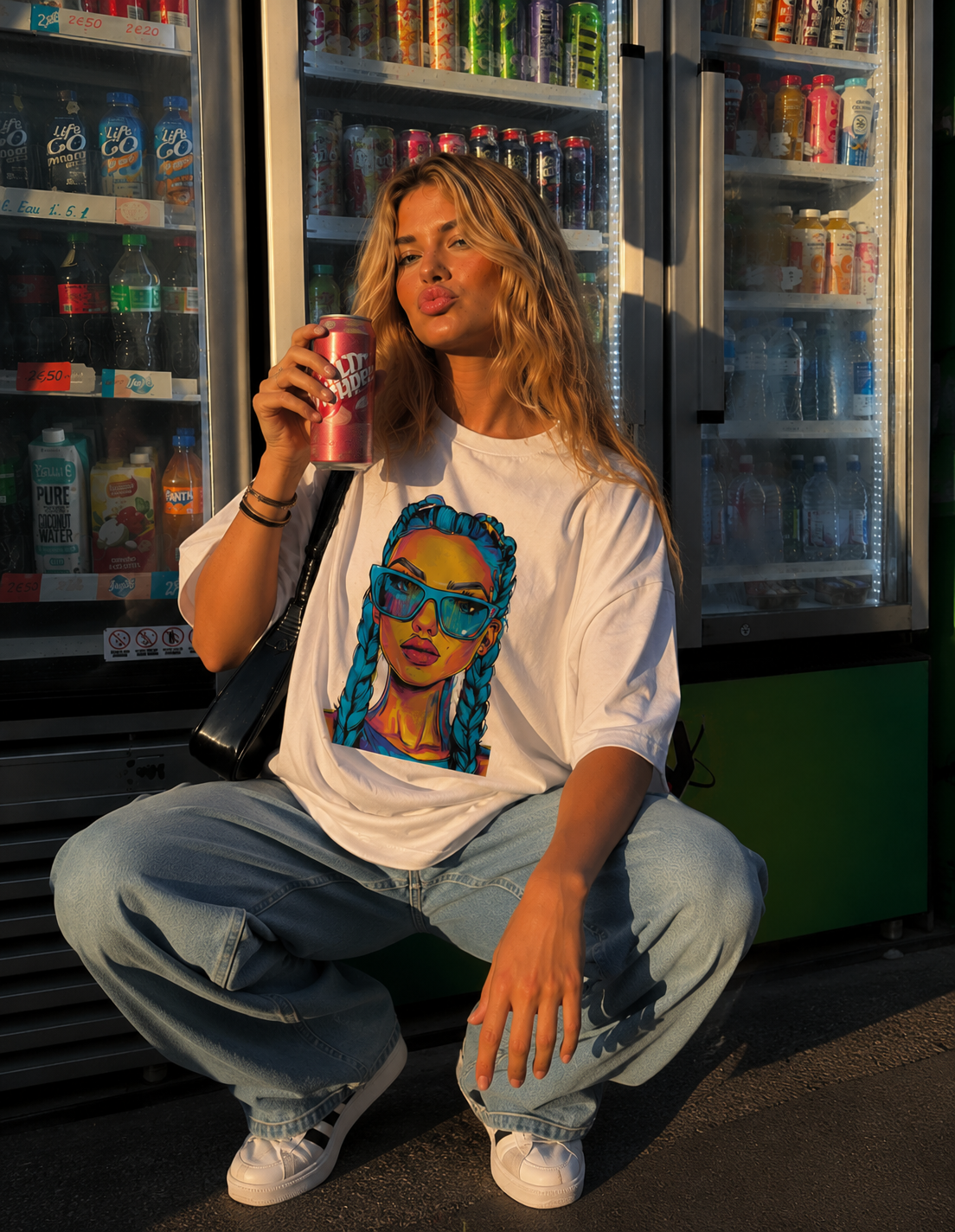 Woman squatting while holding soda can wearing oversized white graphic t-shirt front graphic featuring colorful braided girl illustration, oversized urban streetwear outfit