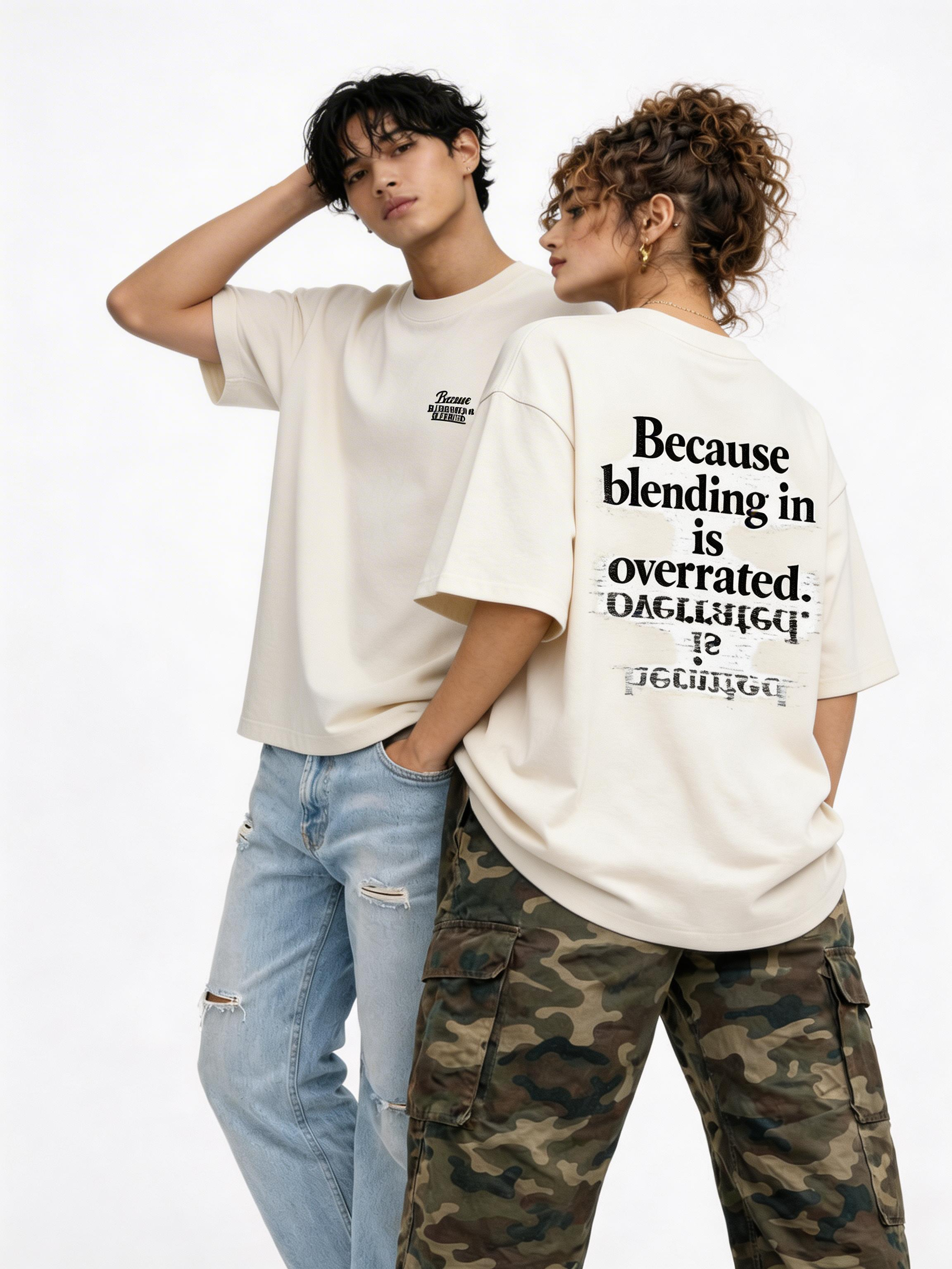oversized beige graphic t-shirt because blending in is overrated back print streetwear couple outfit