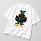 oversized white streetwear graphic t shirt with futuristic neon animal design and bold orange typography graphic streetwear