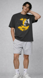male model standing front pose wearing oversized faded black graphic streetwear t shirt bull vs bear trend your friend design urban streetwear outfit