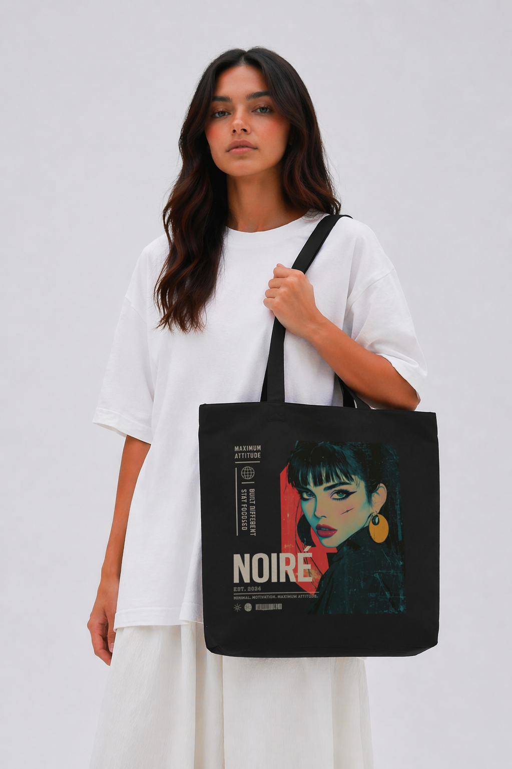 model standing angled view wearing oversized black tote bag anime noiré design urban streetwear outfit