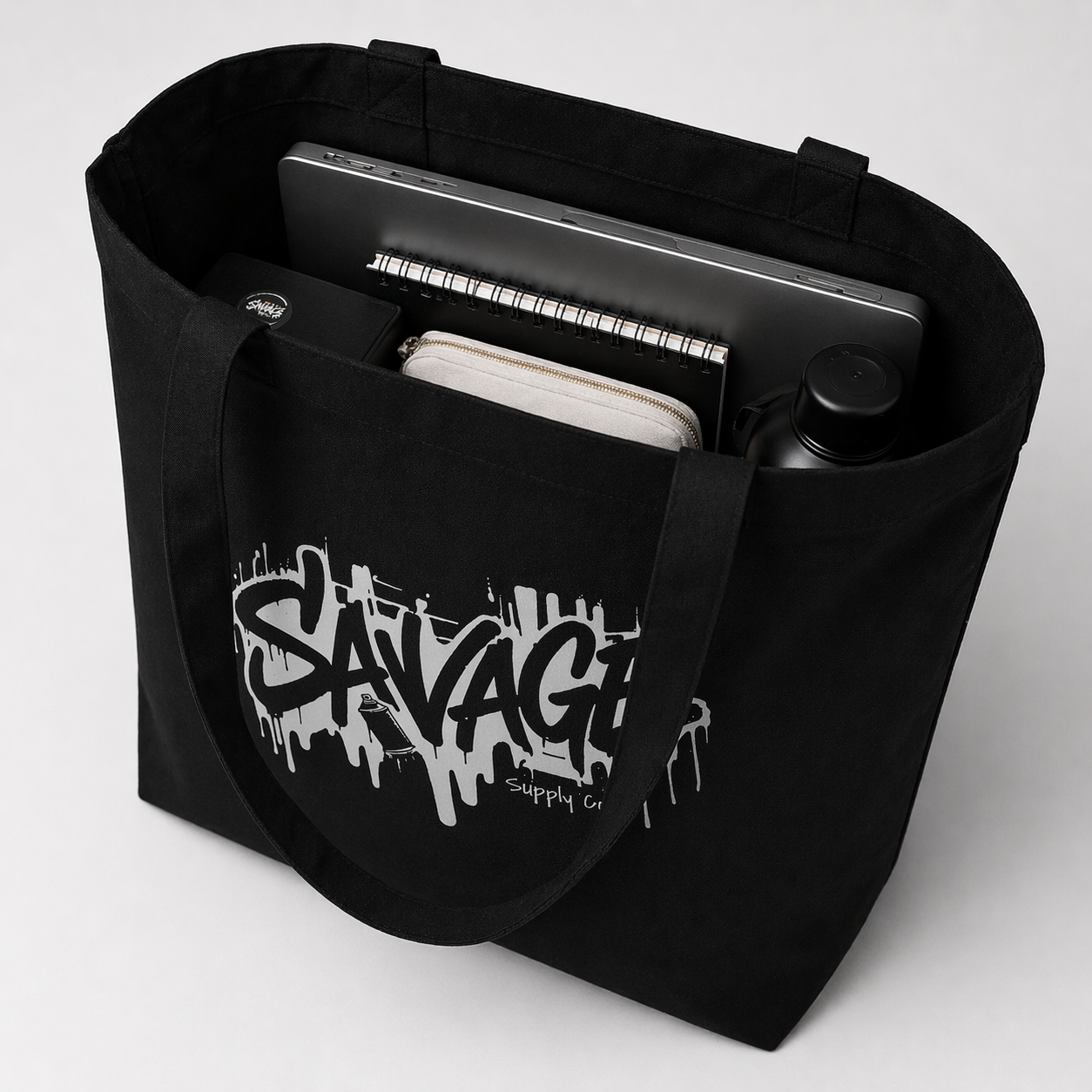 product top view open black tote bag interior pocket savage design streetwear