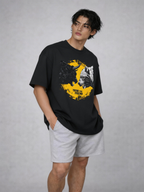 male model side pose looking away wearing oversized faded black graphic streetwear t shirt bull bear illustration design urban streetwear outfit