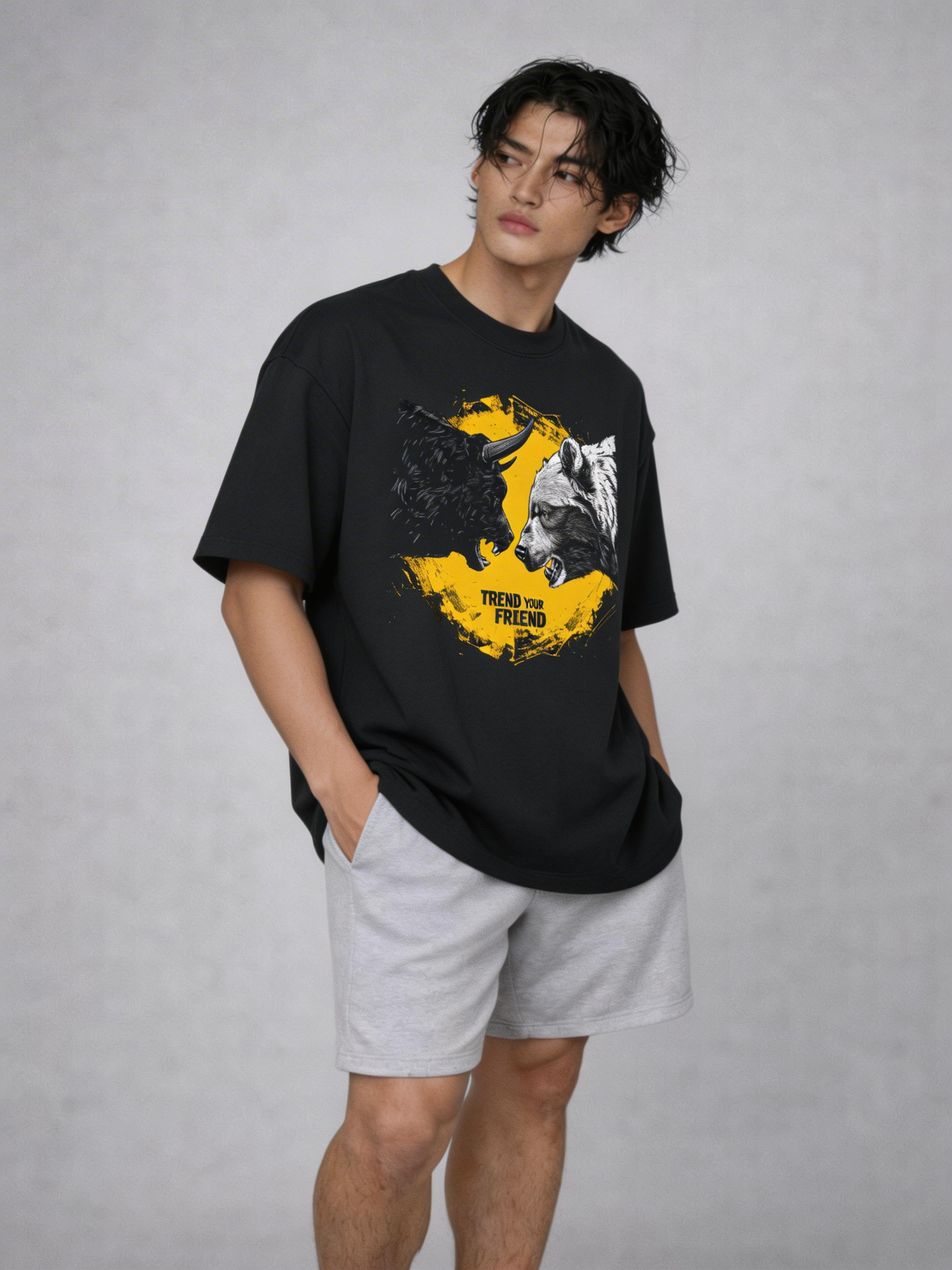 male model side pose looking away wearing oversized faded black graphic streetwear t shirt bull bear illustration design urban streetwear outfit