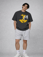 male model full body front view wearing oversized faded black graphic streetwear t shirt bull vs bear trend your friend graphic streetwear outfit