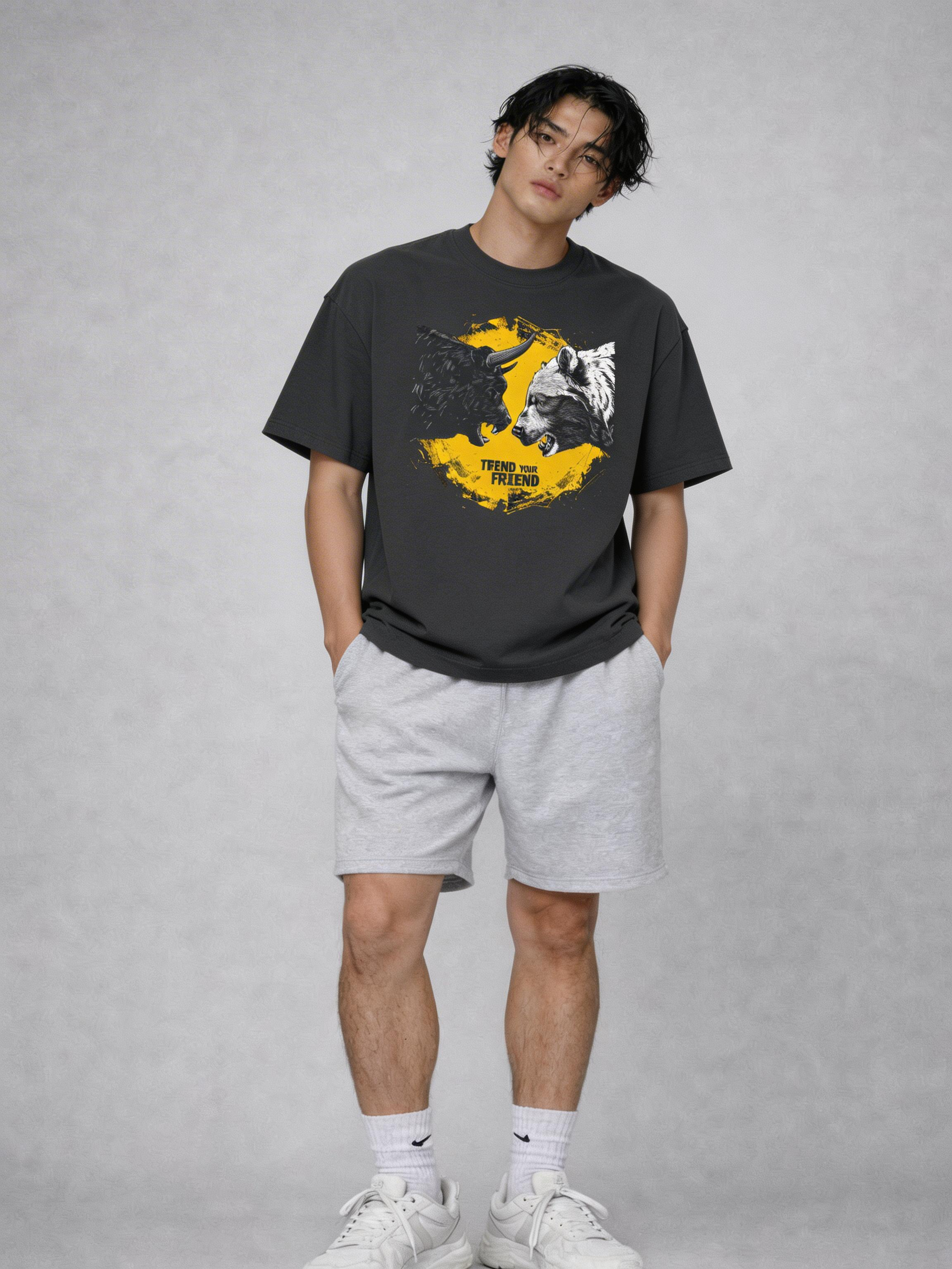 male model full body front view wearing oversized faded black graphic streetwear t shirt bull vs bear trend your friend graphic streetwear outfit