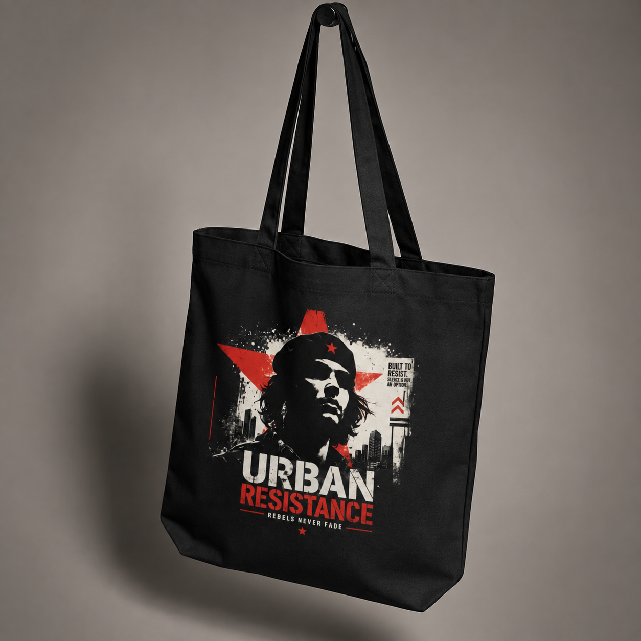 Black Nöiré Urban canvas tote bag, front hanging product view