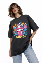 female model close front pose wearing oversized black graphic streetwear t shirt fluent in sarcasm pop art lips design urban streetwear outfit
