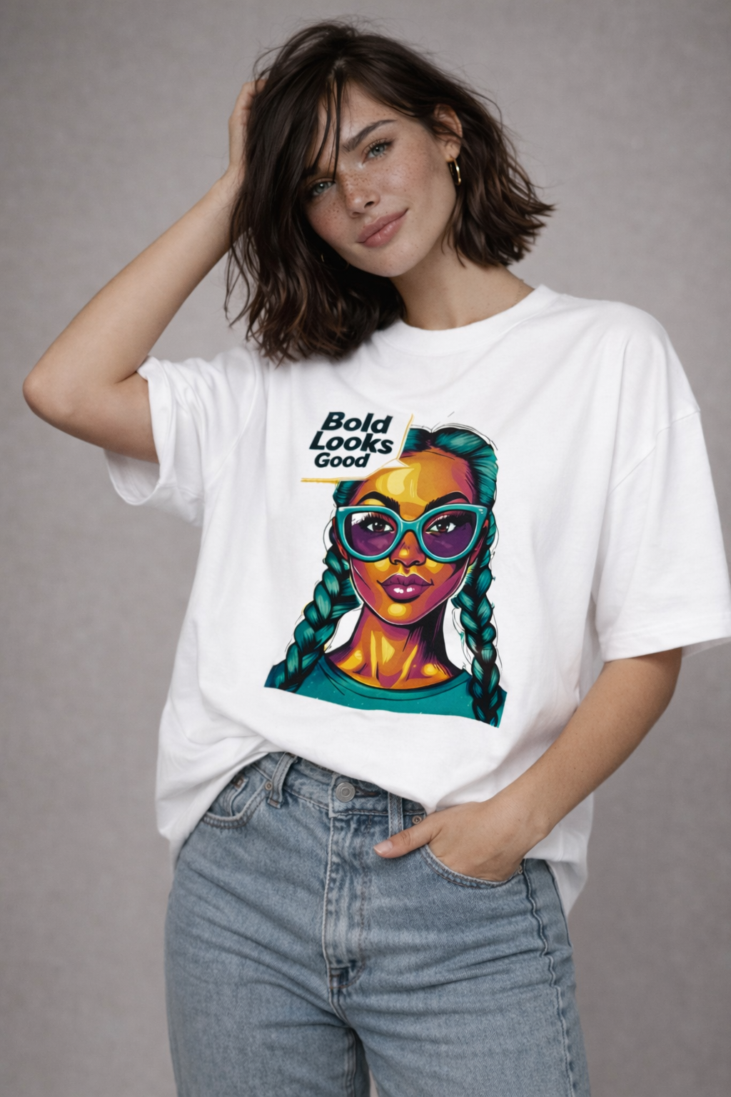 Female model in white oversized “Bold Looks Good” graphic t-shirt featuring vibrant illustrated portrait design, paired with denim jeans, trendy women’s streetwear fashion.