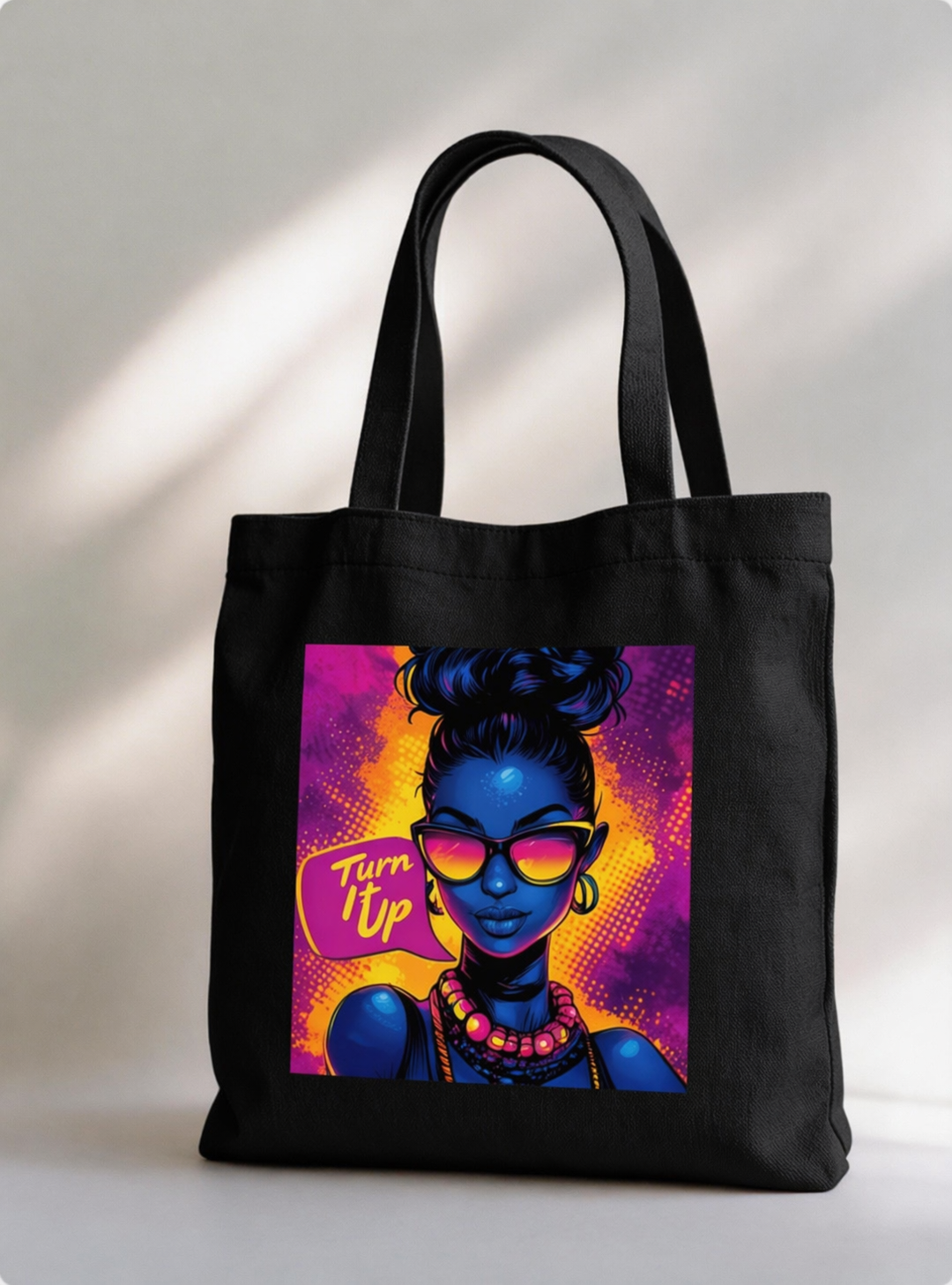 product front view black tote bag neon pop art woman turn it up design graphic streetwear