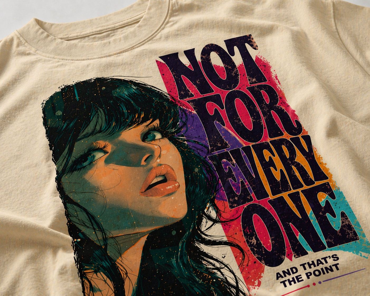 close up view oversized beige graphic t-shirt portrait print not for everyone graphic streetwear