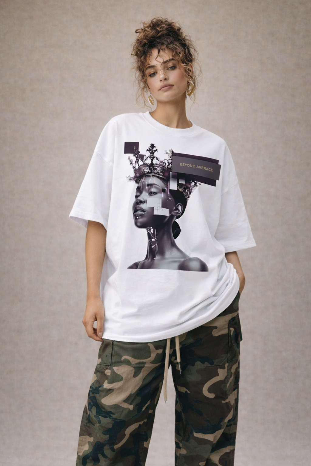 female model front view wearing oversized white graphic streetwear t shirt gothic statue design urban streetwear outfit