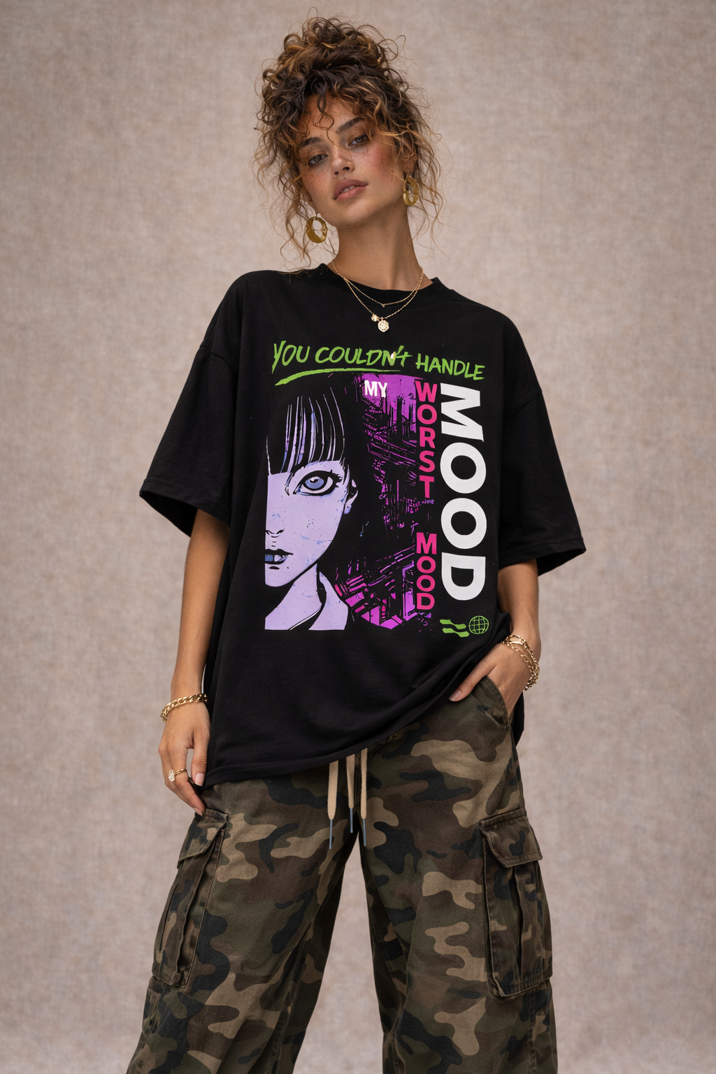 Female model in black oversized statement t-shirt featuring “My Worst Mood” vertical typography and anime-style graphic artwork, edgy urban streetwear look.