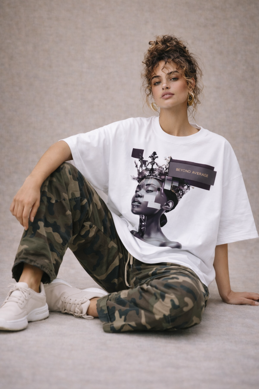 female model sitting pose wearing oversized white graphic streetwear t shirt gothic statue graphic urban streetwear outfit