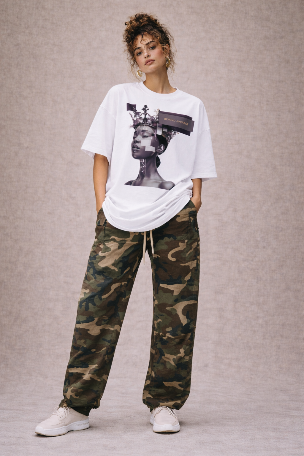 female model full body wearing oversized white graphic streetwear t shirt gothic statue artwork urban streetwear clothing