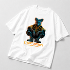 angled flat lay white oversized graphic tee featuring futuristic animal artwork urban streetwear fashion