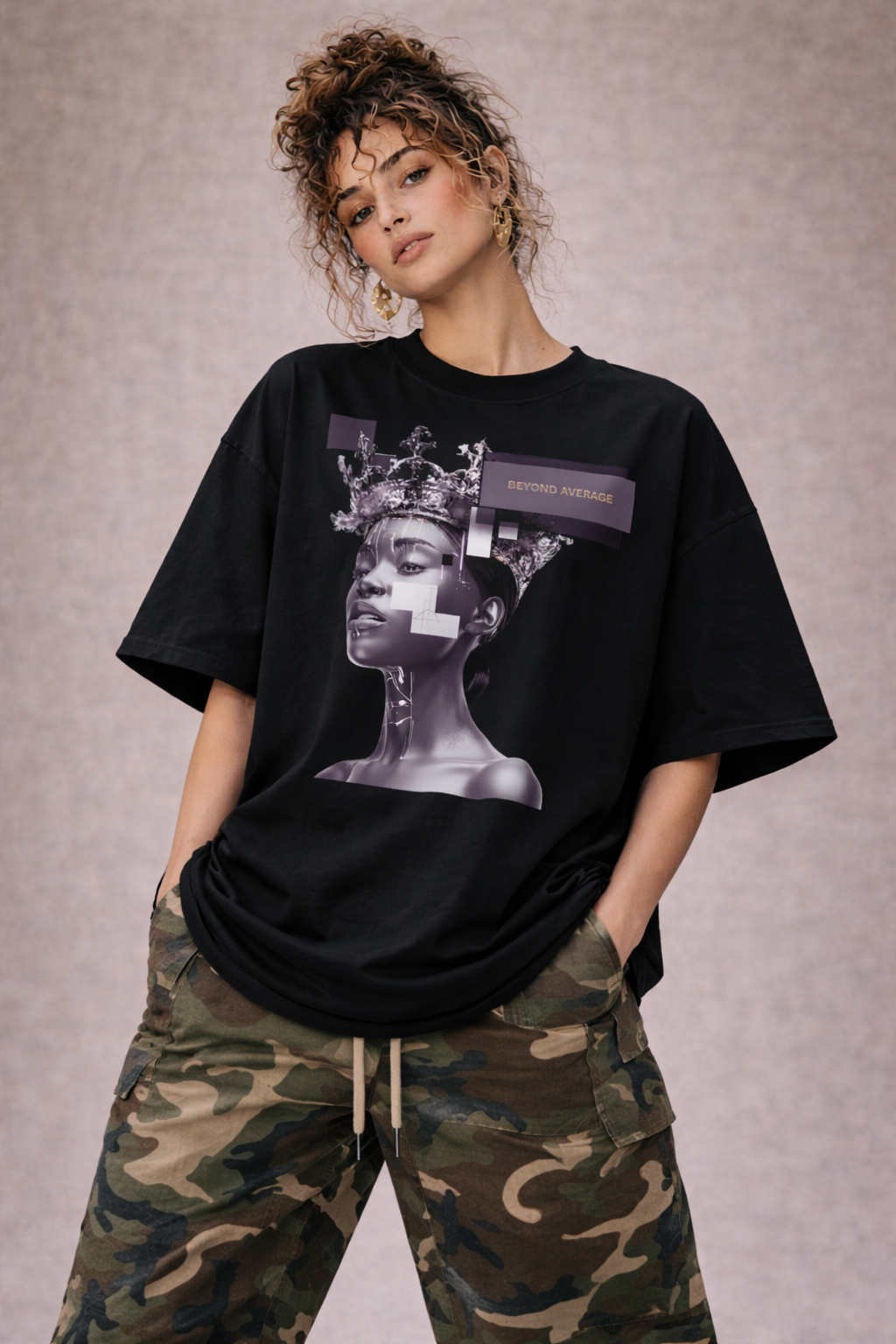 female model front pose wearing oversized black graphic streetwear t shirt gothic statue artwork graphic streetwear