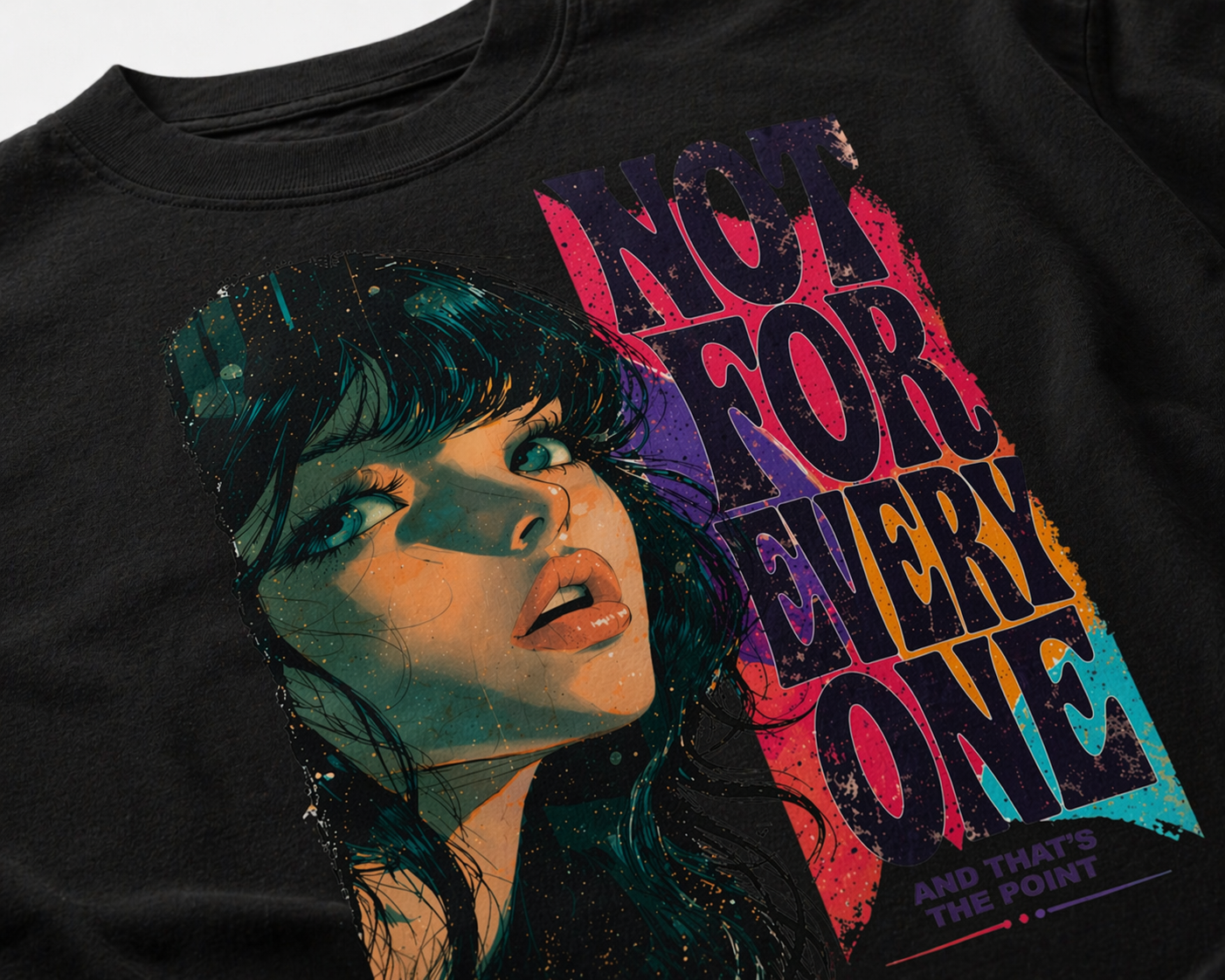 close up view oversized black graphic t-shirt portrait print not for everyone streetwear fashion