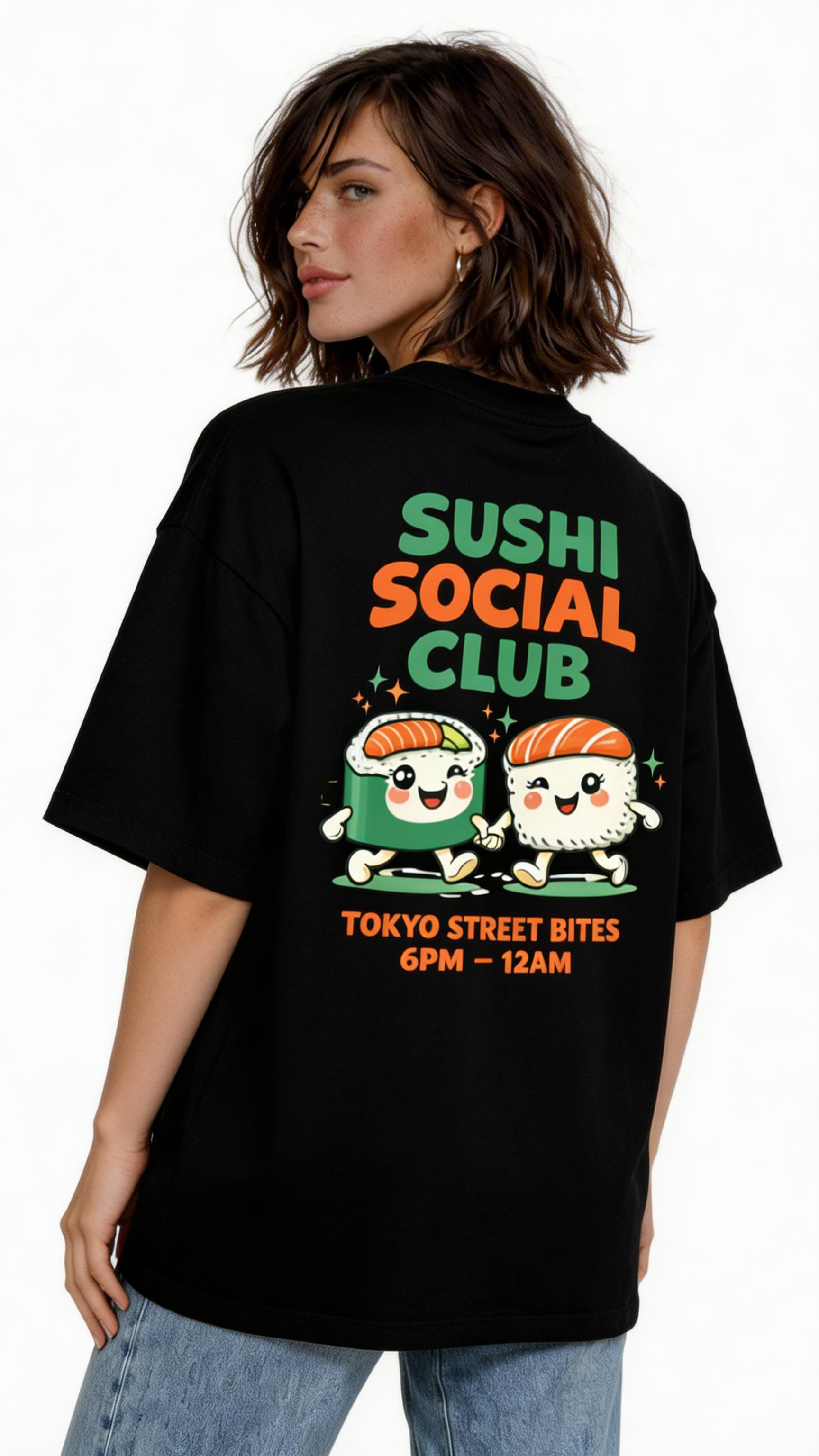 female model back view wearing oversized black graphic streetwear t shirt sushi social club cartoon sushi design urban streetwear outfit