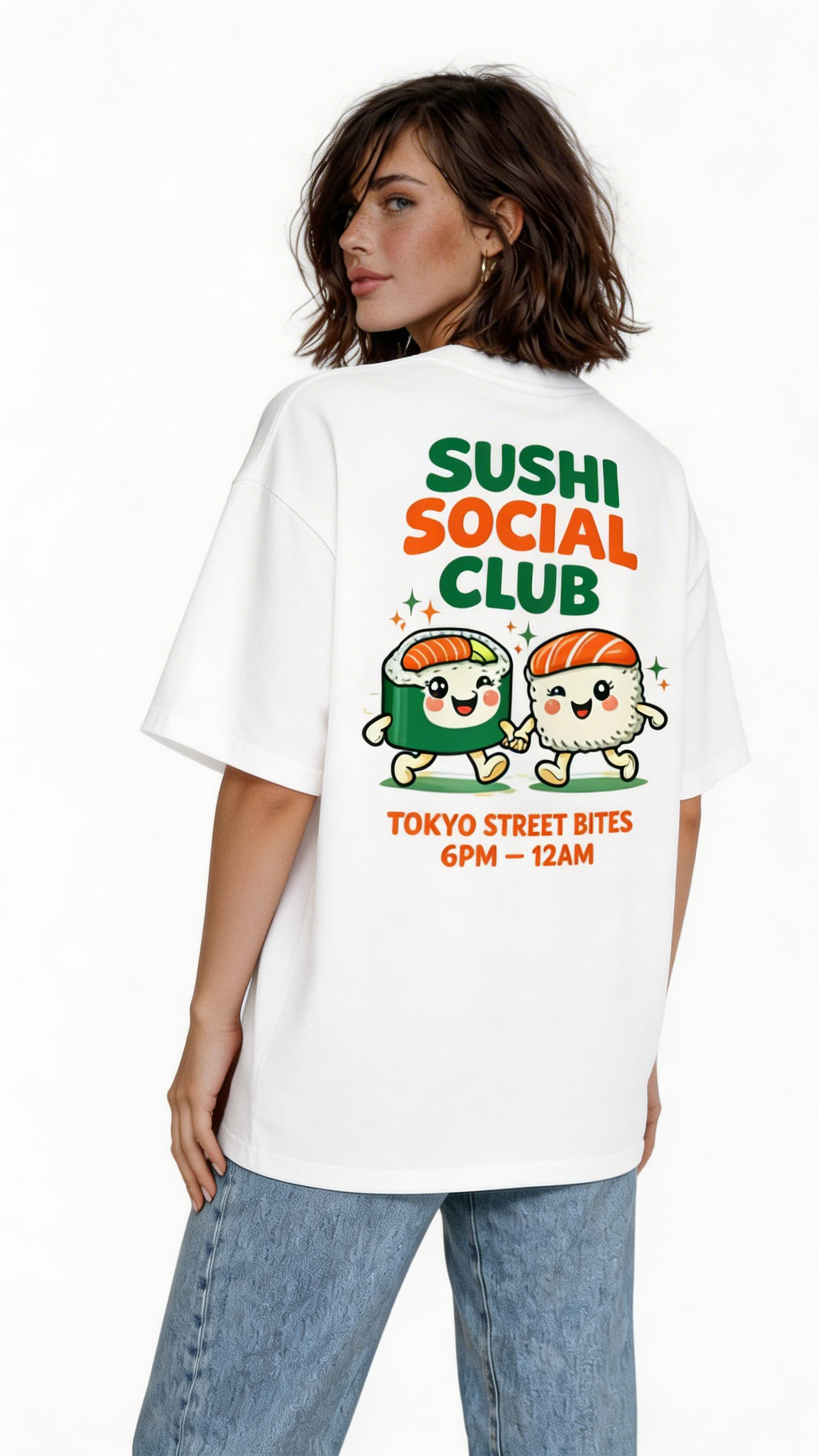 female model back pose wearing oversized white graphic streetwear t shirt sushi social club kawaii sushi design urban streetwear clothing